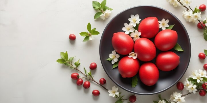 Red Easter eggs on a black plate with white or cream-colored background