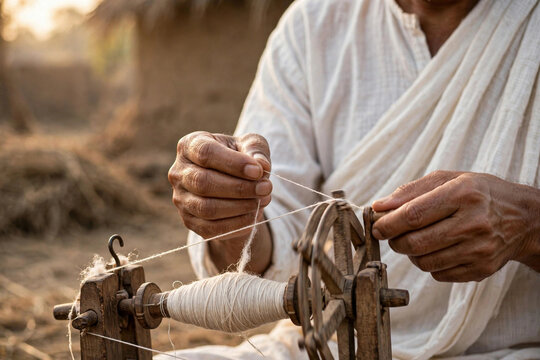 Close-up hands spinning traditional charkha with khadi thread Gandhi Jayanti self-reliance concept