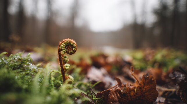 Involute fern fiddlehead in forest moss, growth and nature renewal concept