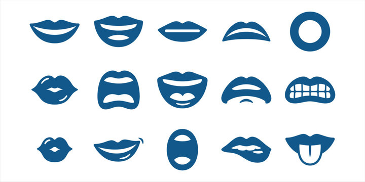 Collection of Blue Cartoon Lips and Mouths Vector Icons.