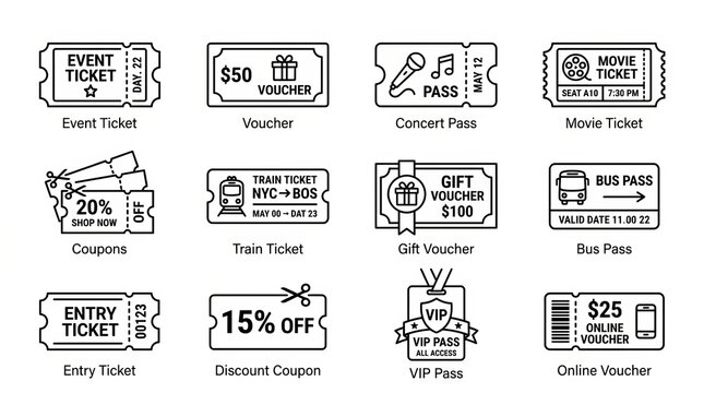 Diverse Ticket and Voucher Designs for Event and Travel Use.