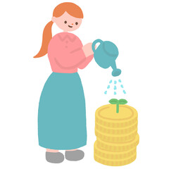 お金を育てる女性とコインのイラスト © koti
