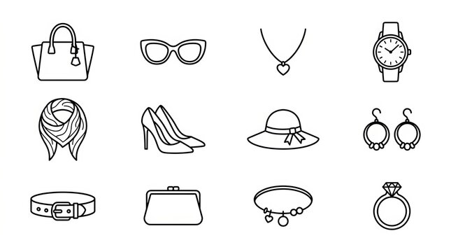 Elegant Line Art Collection of Accessories and Fashion Items.