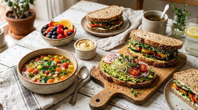 Healthy Vegan Lunch Spread with Sandwiches Soup and Avocado Toast.
