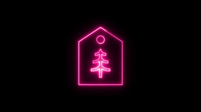 Pink neon sign of a christmas tree inside a gift tag shape on a dark background
