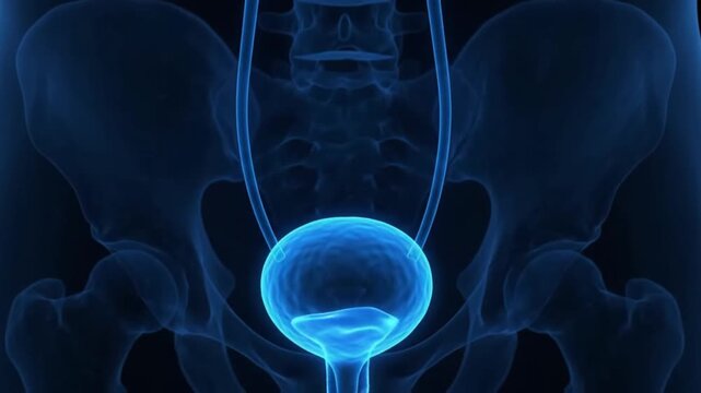 3D Medical Animation of Human Urinary System with Blinking Kidneys and Bladder on Dark Background