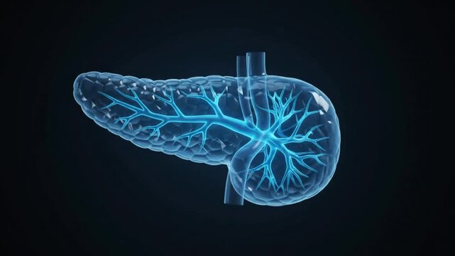 3D Medical Animation Transparent Human Pancreas Anatomy with Visible Blood Vessels and Ducts on Dark Background
