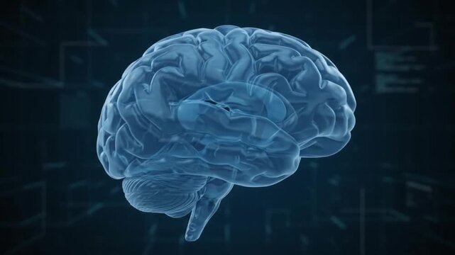 3D Transparent Blue Brain Model Rotating on Futuristic Digital Network Background