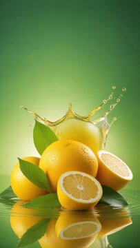 Freshly squeezed lemon juice splashing on a green background