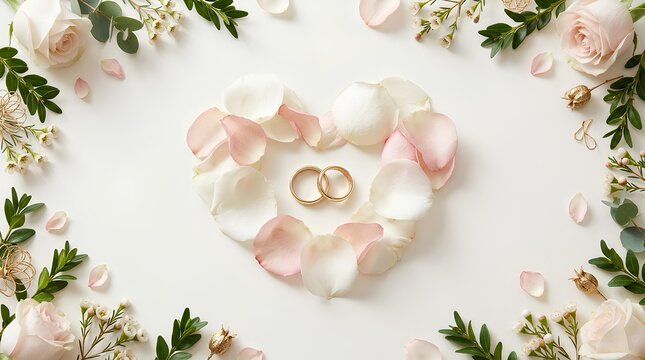 Flat lay of two gold wedding rings inside a heart made of pink and white rose petals, framed by fresh roses and greenery on a white background, symbolizing love and marriage.