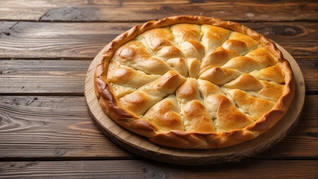 Traditional Albanian Flija Pie on wooden table
