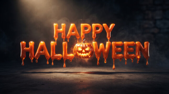 Dramatic happy halloween text with glowing pumpkin and dark background