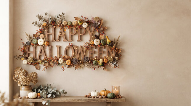 Elegant wall display of dried flowers and botanical elements in neutral tones