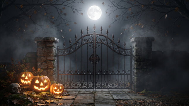 Spooky halloween castle illuminated by moonlight with jack o lanterns