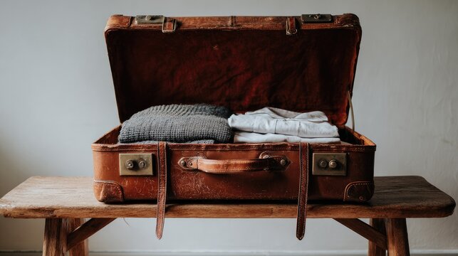 Open vintage leather suitcase with folded shirts and blanket, travel and nostalgia concept