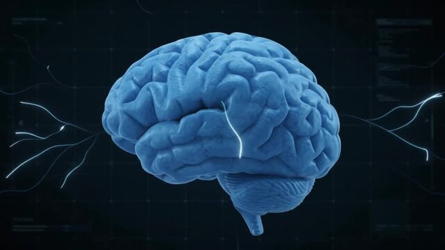 Abstract blue brain with glowing neural pathways and data grid background Medical and science visualization