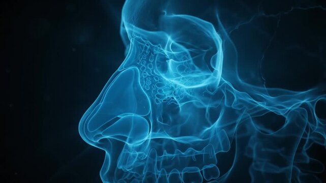 Abstract blue x ray scan of human skull focusing on nasal cavity medical visualization science concept