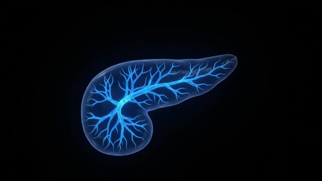 Abstract glowing blue pancreas organ with ducts medical animation isolated on black background