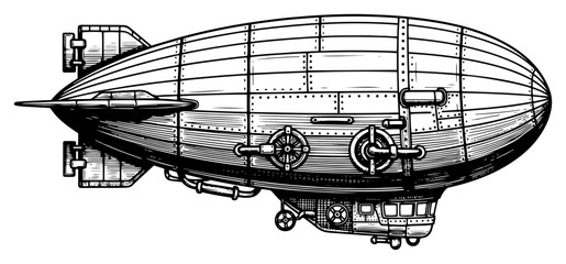 Steampunk airship dirigible with metal hull plates in vintage engraving style © Kumamoto