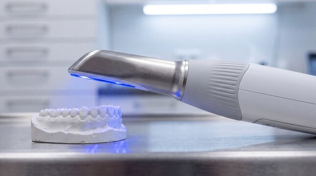 Close up of intraoral digital scanner examining plaster teeth model in clinic