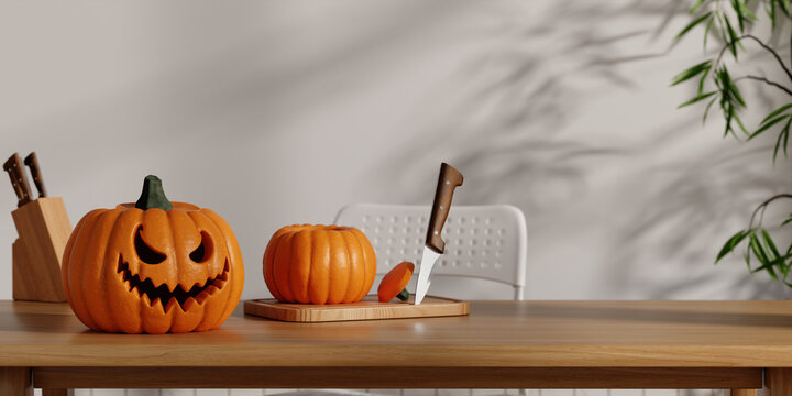 3D rendering of Carved Halloween pumpkin and knife on wooden kitchen table for autumn seasonal decor