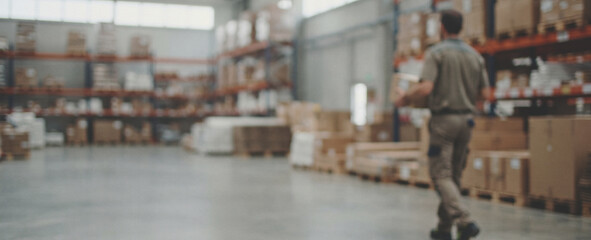 Fototapeta premium Warehouse employee walking along a spacious aisle with inventory stored on shelving. Suitable for marketing materials focused on logistics, storage, fulfillment, and business operations.
