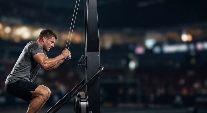 Male Athlete Training on Ski Erg Machine with Copy Space