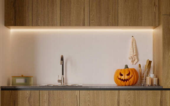 3D rendering of Carved glowing Halloween pumpkin on modern wooden kitchen counter