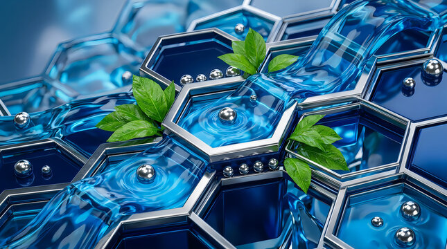 3d futuristic hexagonal structure with green plant growing through it in a digital scifi environment