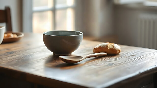 A ceramic bowl and wooden spoon on a wooden table with bread, soft window light.