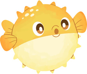 Cute Yellow Pufferfish Cartoon Illustration for Kids Sea Life Theme © andika96