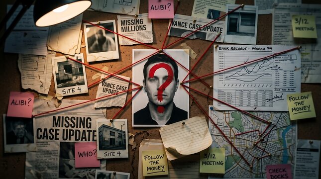 Investigative detective crime wall board featuring evidence photographs charts maps and red yarn connecting clues for mystery thriller storytelling investigation analysis.