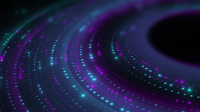 Abstract Neon Blue and Purple Particle Waves Forming Futuristic Digital Tunnel