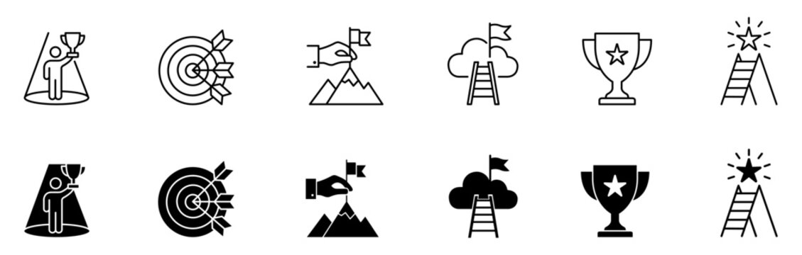 Business success and goal achievement vector icon set featuring trophy, target, mountain, and ladder symbols in line and filled styles for UI design.