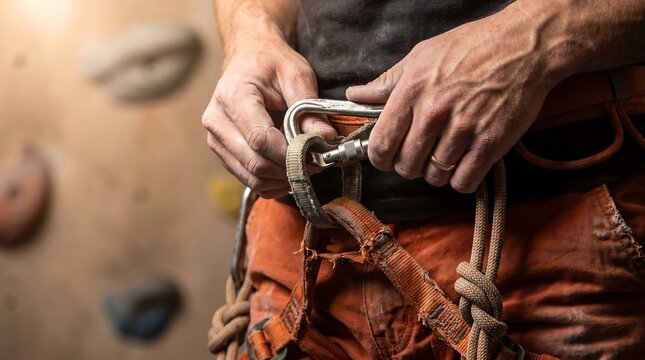 Close up view of professional rock climber hands clipping metallic carabiner to durable canvas safety loop on orange climbing harness at indoor climbing gym facility.