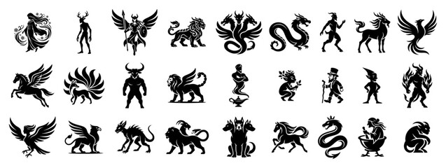 Fototapeta premium Mythical creatures and legendary monsters silhouette collection in stylized graphic style