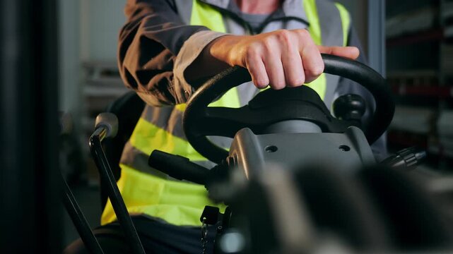 Close-up of forklift operator moving hand from steering wheel to control lever while operating material handling equipment inside an industrial warehouse.
