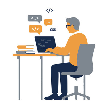 Senior man programmer coding on laptop with html css symbols at desk