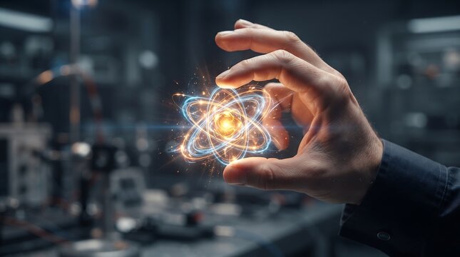 Future Science: Hand Holding Glowing Atom Hologram, Quantum Energy, Nuclear Physics, Laboratory Research, and Advanced Technology Innovation
