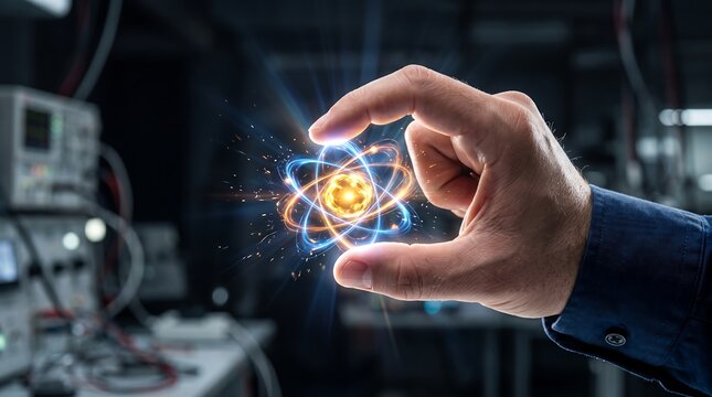 Scientist hand holding glowing subatomic particle model with rotating electron orbits in physics laboratory for nuclear energy research and quantum mechanics concept.