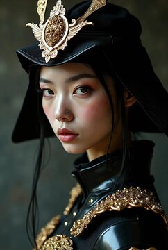 Asian woman portrait wearing black samurai helmet with gold accents