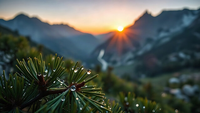 A mountain valley at dawn with dew on pine needles and soft morning light.