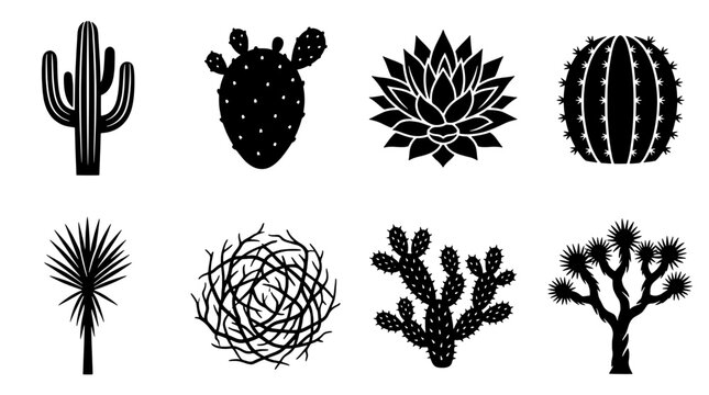 Minimalist desert cactus silhouette vector set. Iconic succulent flora shapes like saguaro, barrel, agave, prickly pear, and tumbleweed perfect for graphic design, branding, apparel, and decor.
