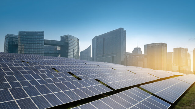 Solar Panel Array with Modern Cityscape in Urban Setting