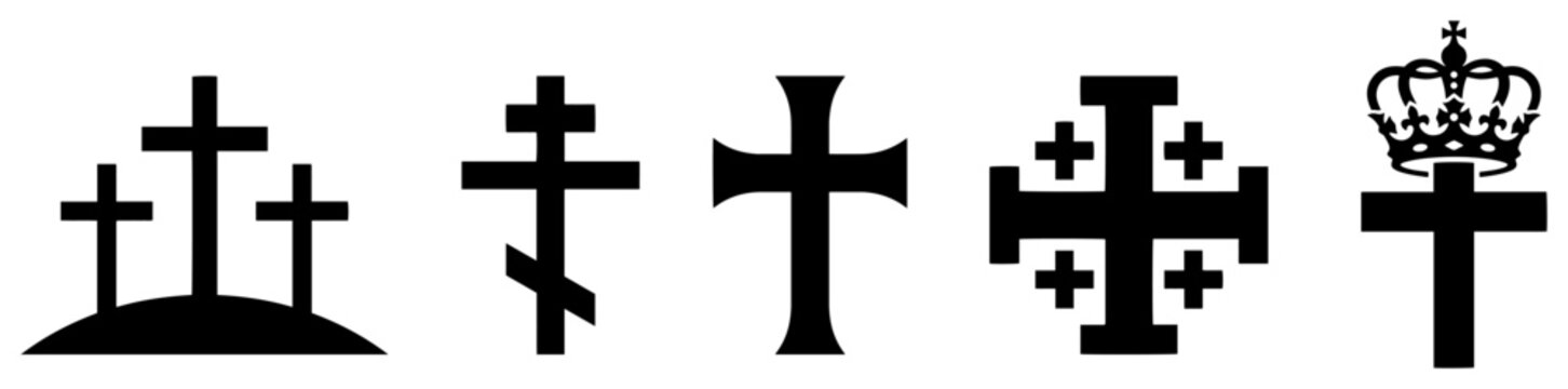 Diverse Christian crosses collection including Calvary and Jerusalem cross in silhouette style