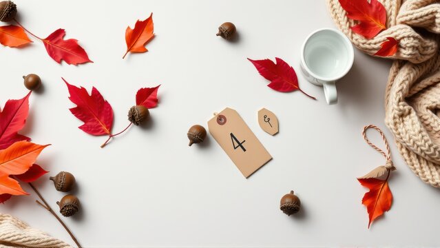 Autumn scene. Red leaves, acorns, mug, tag with number four, cozy knitwear present. Simple flatlay composition.