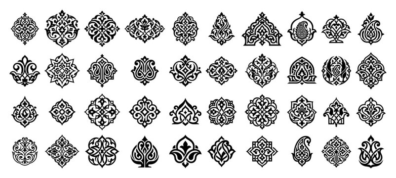 Oriental floral motifs and paisley decorative elements set in clean silhouette style