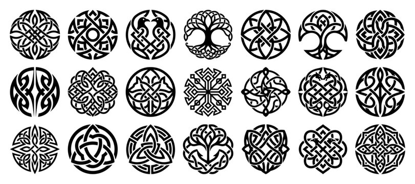 Celtic knot symbols and tree of life ornaments collection in detailed silhouette style