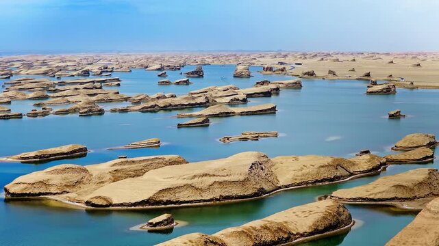Aerial drone shot of water yardang landforms surrounded by turquoise water in the Qaidam Basin, Qinghai, China
