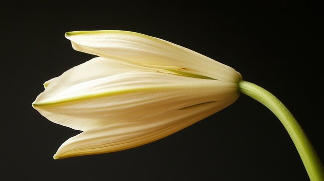 villainy. A single white lily bud on a dark background, soft light. gardening catalogs, home-decor guides, designed for home decor and floral branding and gardening and botanical catalogs.